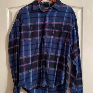 J Crew Blue, Black, Orange, Green, and White Plaid Flannel Button-Down